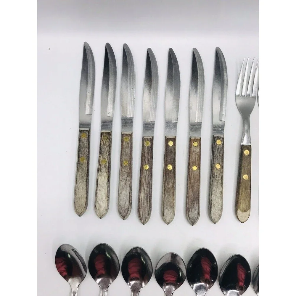 Town & Country USA Vintage Flatware Set 31 Pc Wood Handle Stainless Knives Forks
